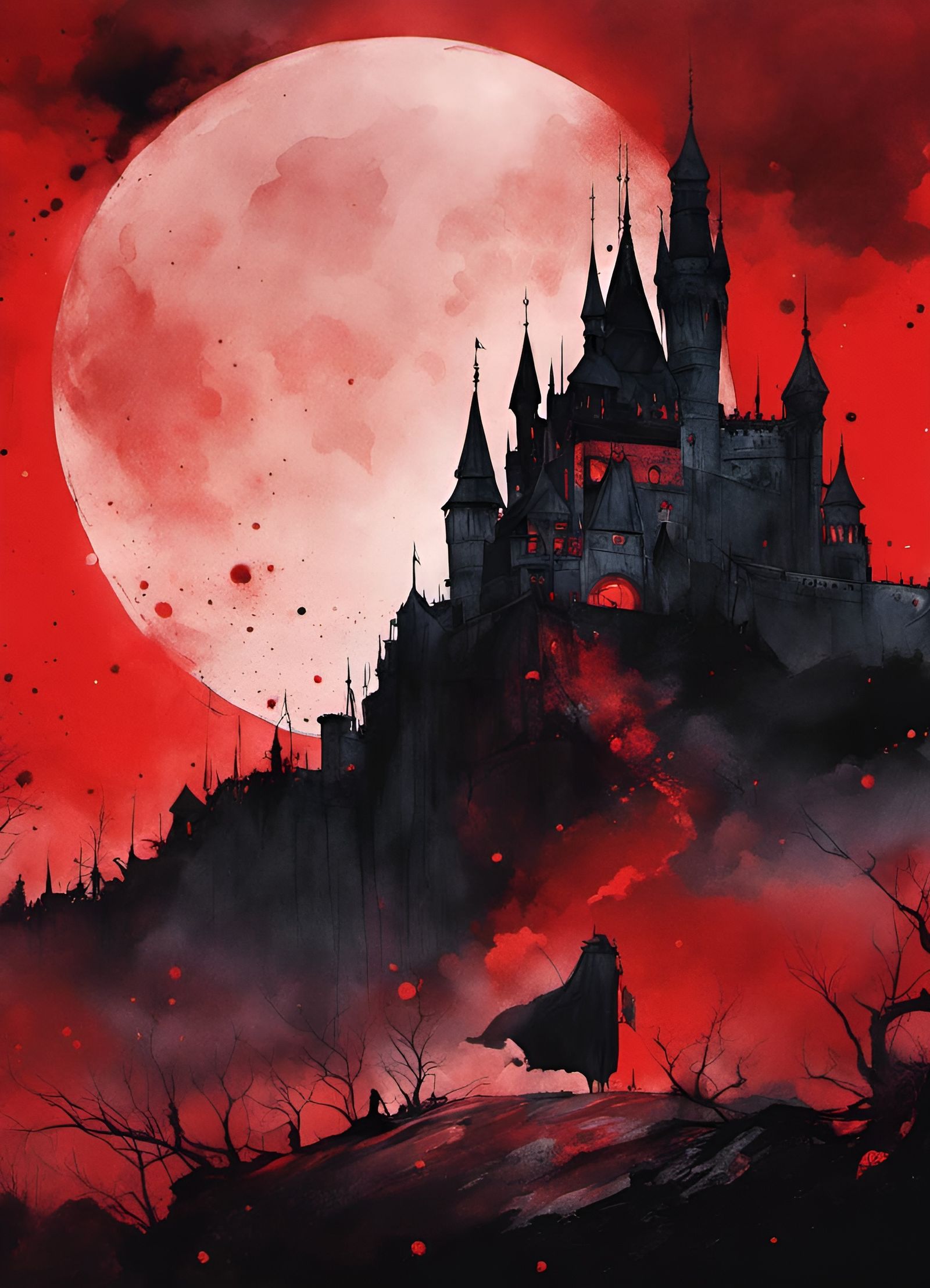 Horrific Dracula's Castle Landscape in Watercolor Style