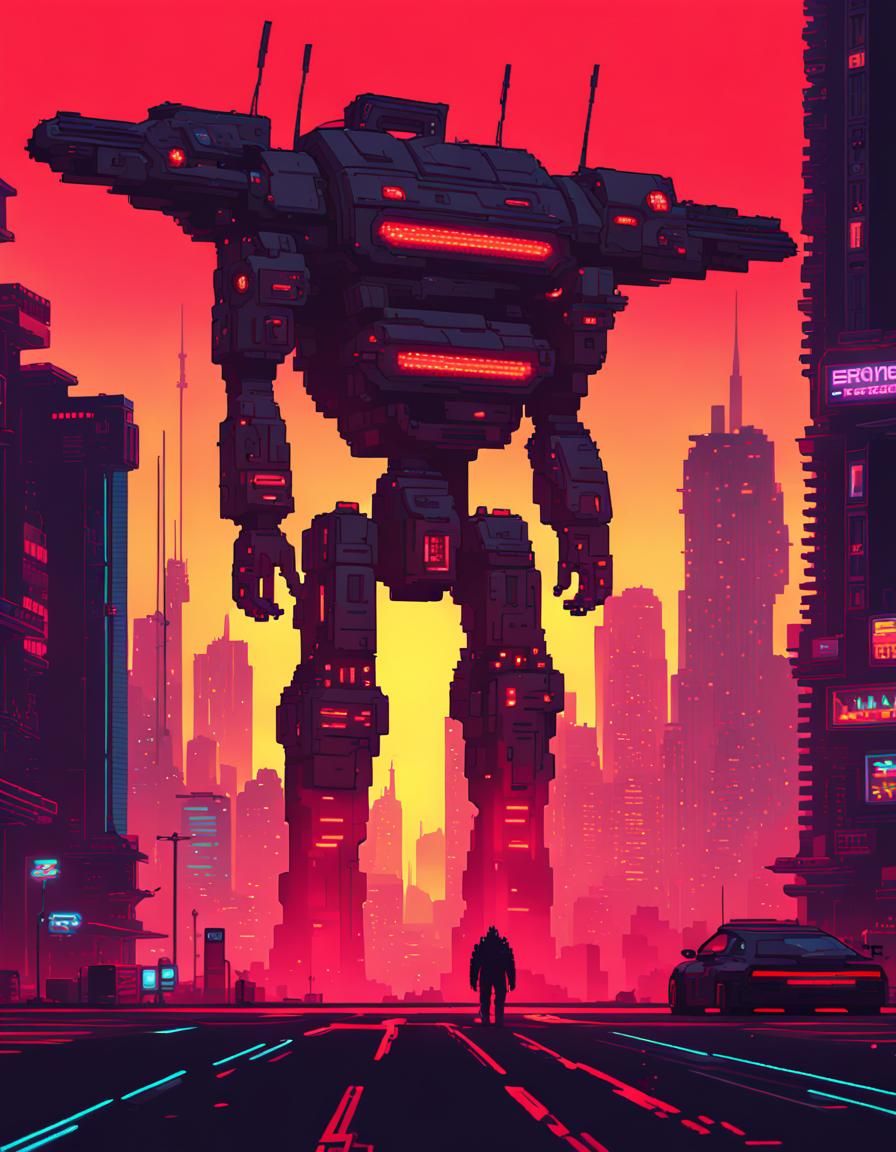 Red Robot in Cyberpunk City Pixel Art
