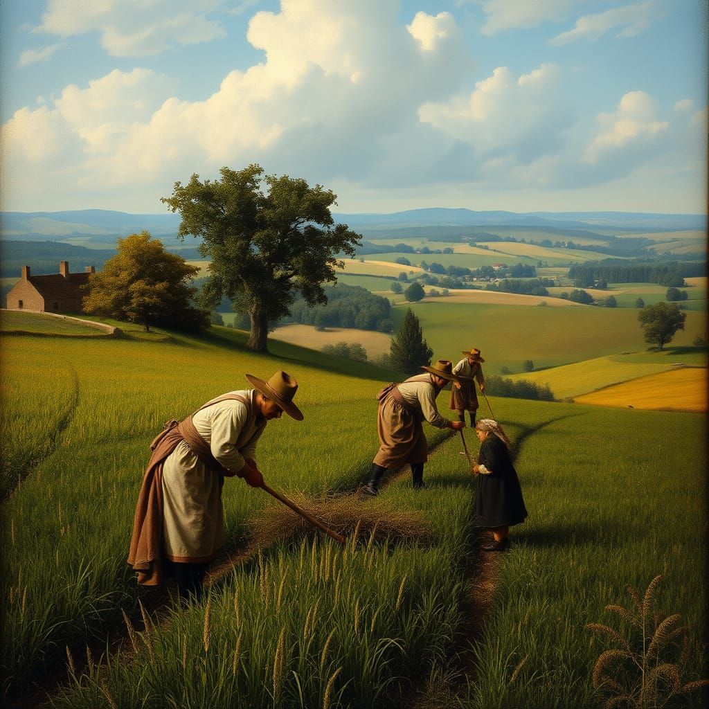 Peasants Working in Field as Renaissance Oil Painting