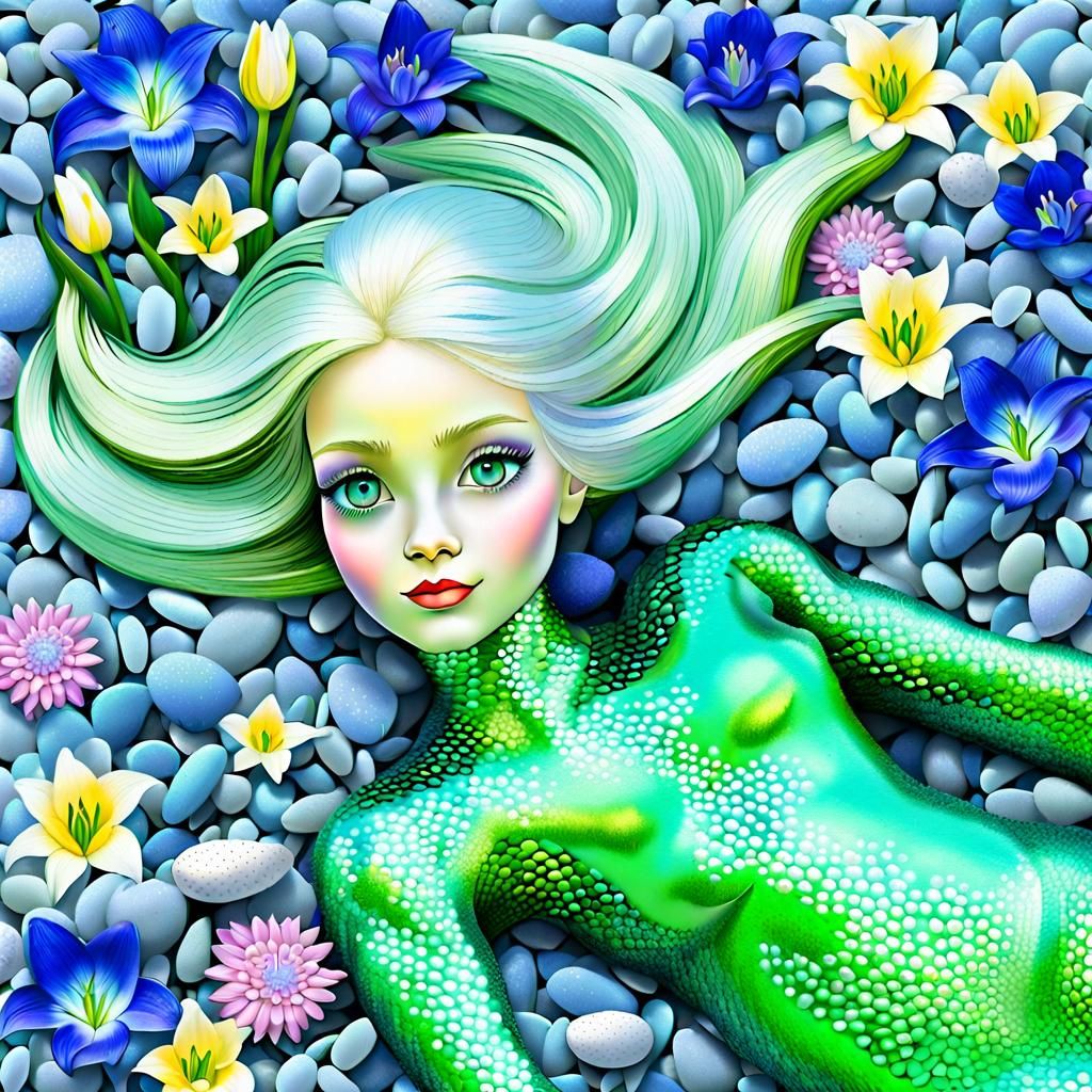 Green-Tailed Mermaid Stranded on Flower Meadow Beach
