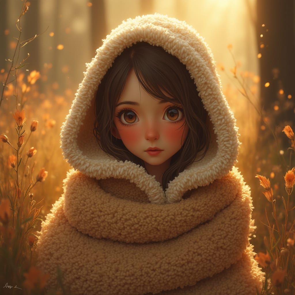 Cozy Woman in Golden Light, Whimsical Art