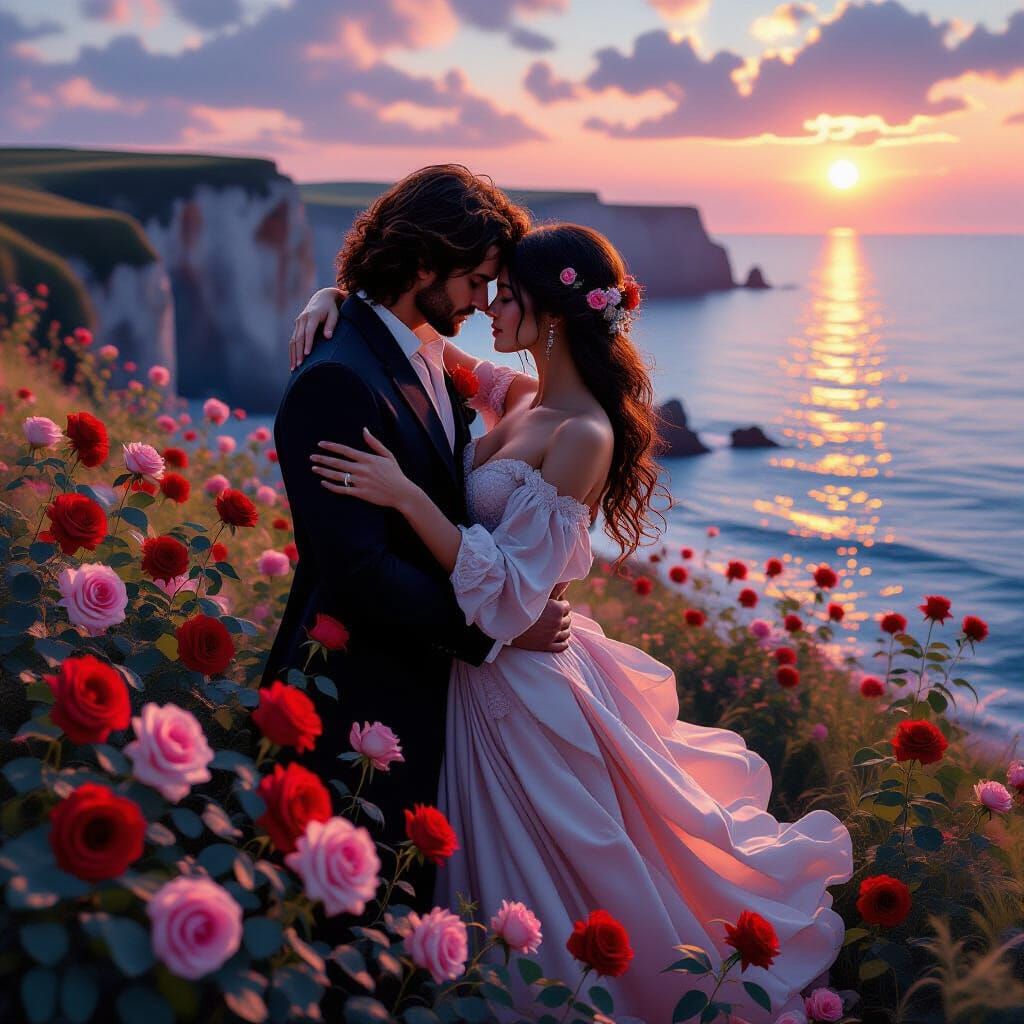 Pre-Raphaelite Lovers Entwined with Roses in Luminous Evenin...