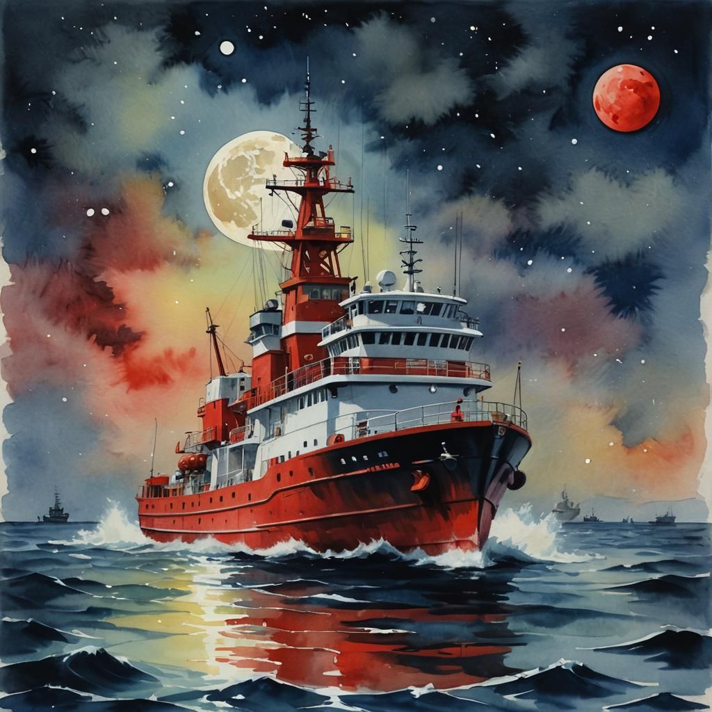 Red Research Vessel at Night in Gouache Style
