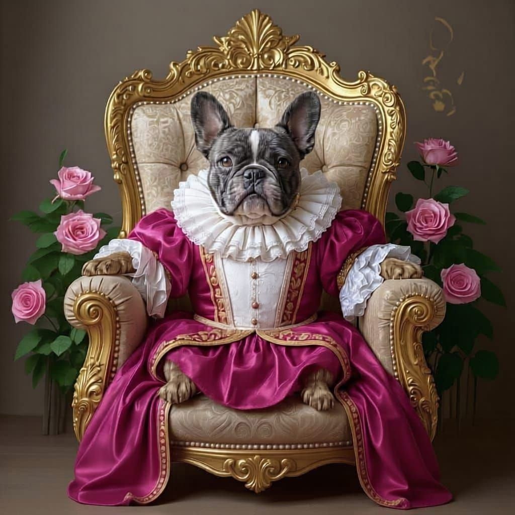 Regal French Bulldog in Victorian Attire on Golden Throne