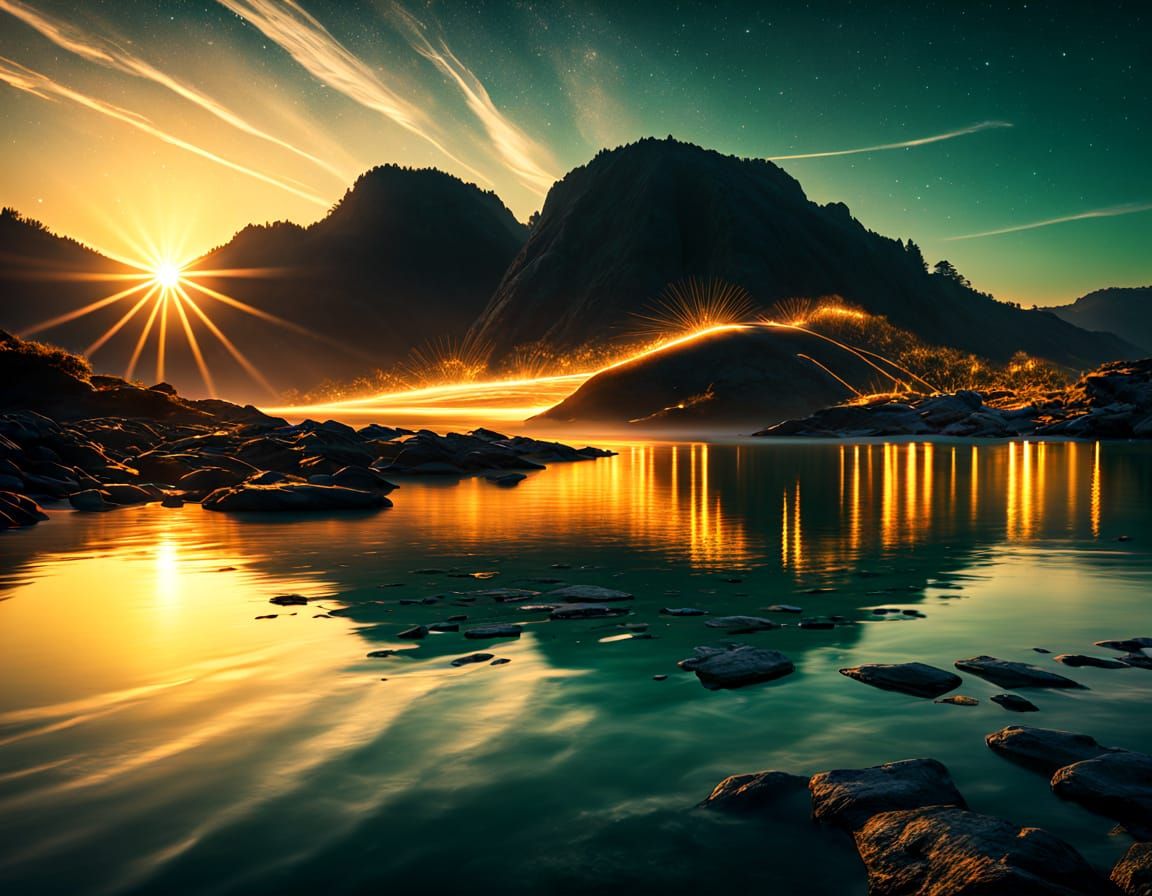 Golden Hour Sunset Over Water Reflection in Digital Matte Pa...