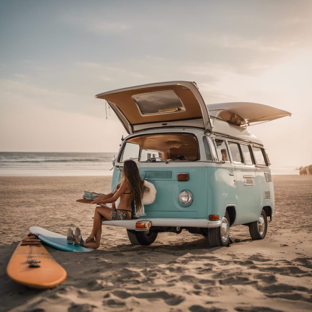 Boho Camper Van at the Beach Ready to Surf