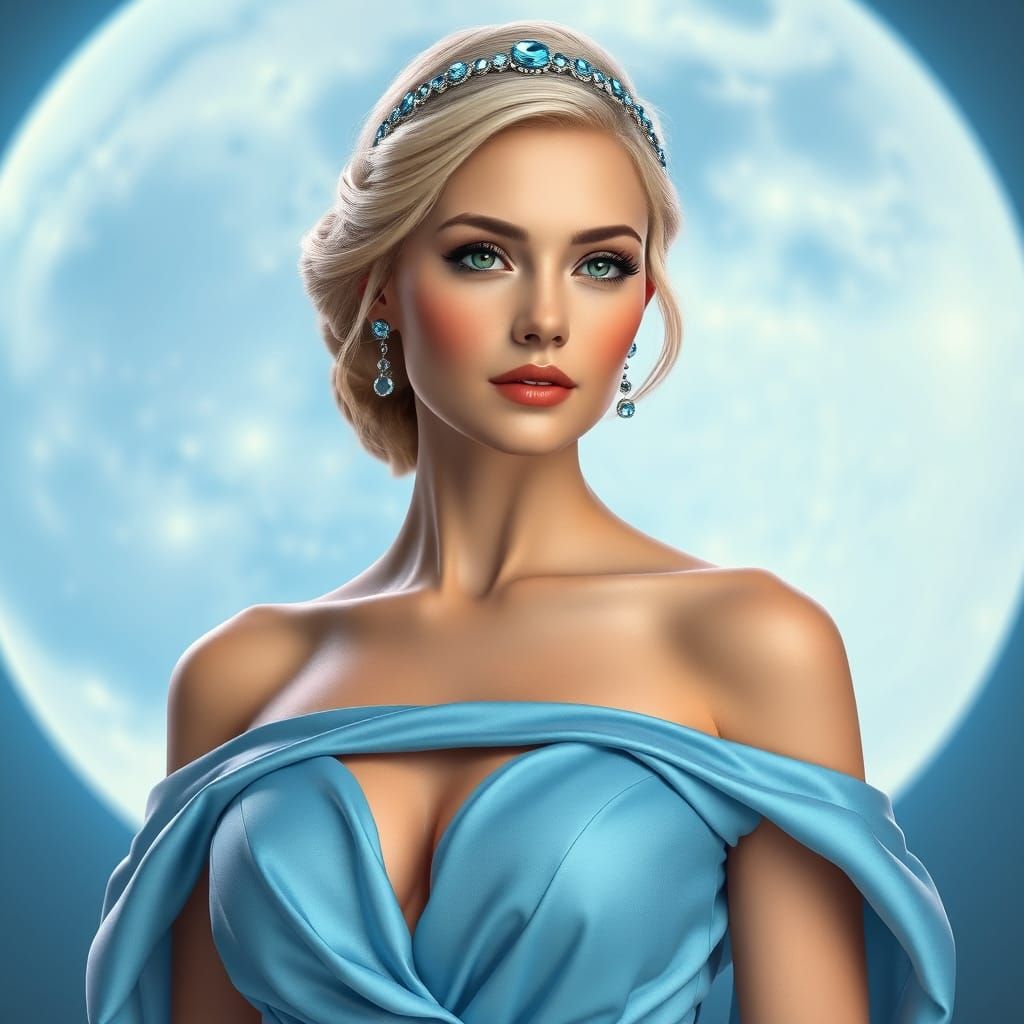 Elegant Woman in Sky Blue Gown Under Blue Moon