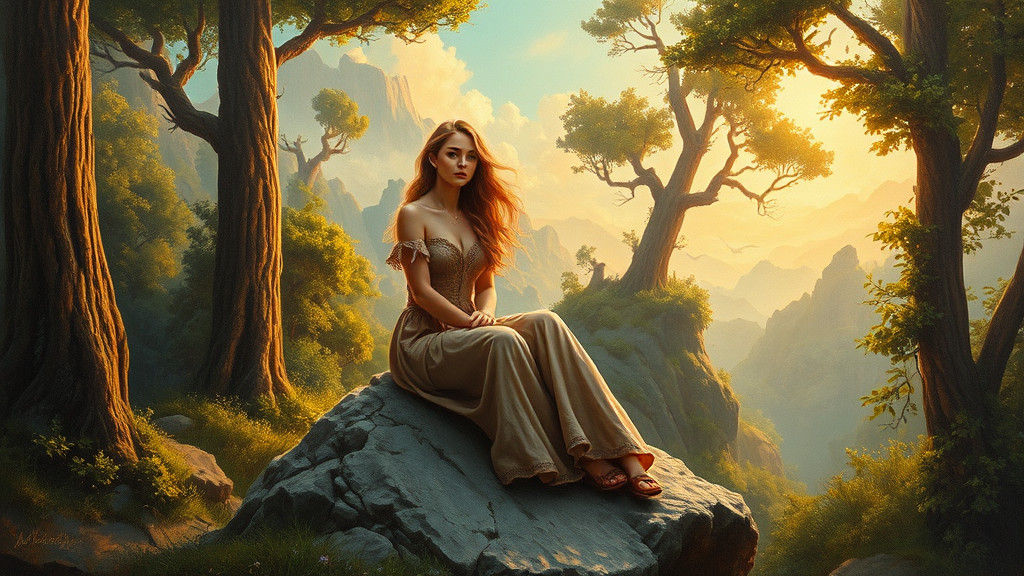 Dreamlike Landscape Oil Painting with Woman on Rock