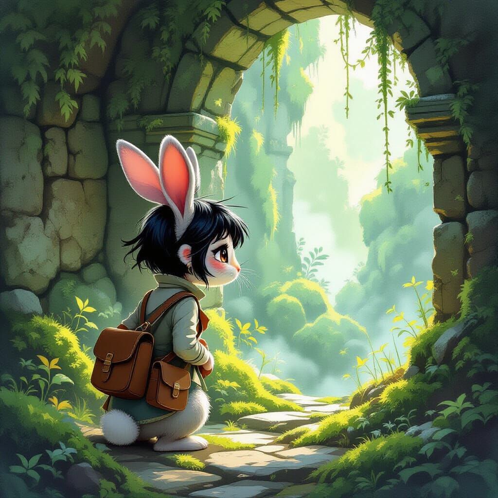Whimsical Rabbit Adventurer in Ancient Ruin