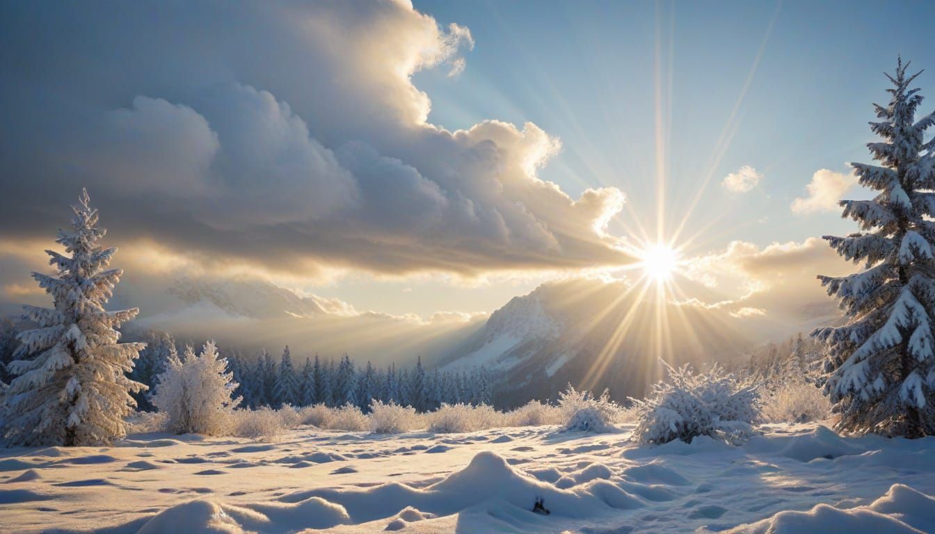 Heavenly Sunshine Beams Through Winter Clouds