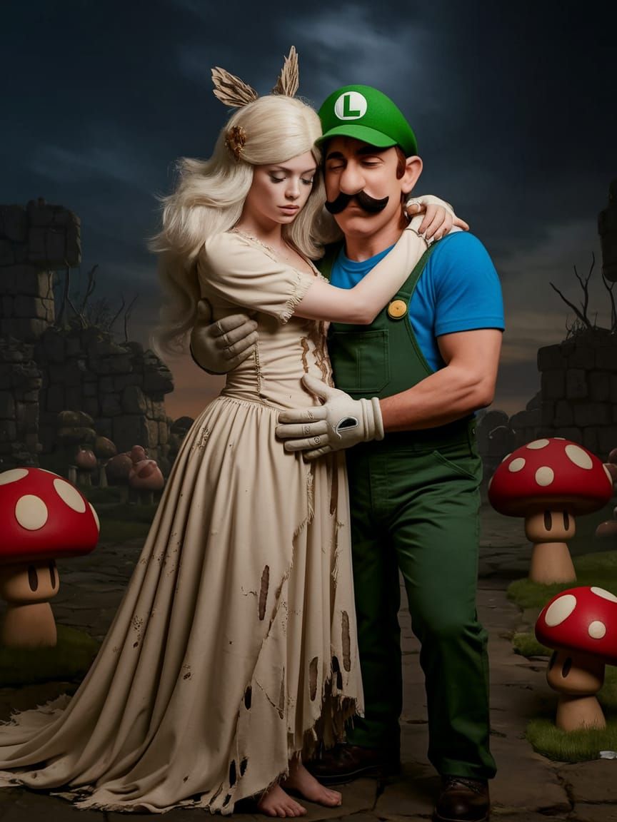 Luigi and Tippi Embrace in Ruined Mushroom Kingdom
