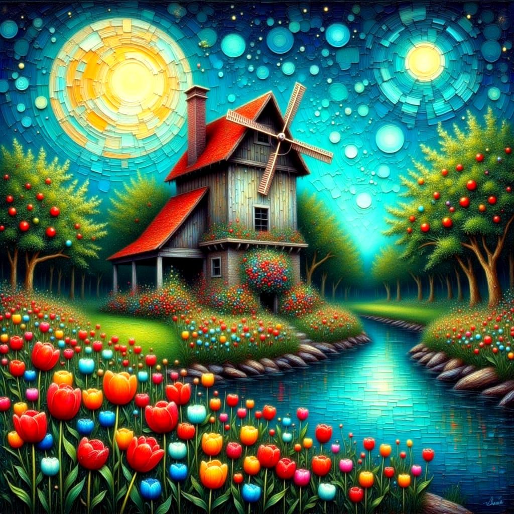 Rustic Windmill Illuminated by a Vibrant Nighttime Sky