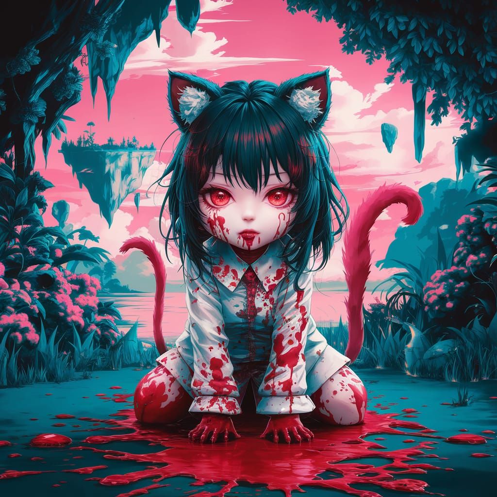 Anime Kawaii Neko Girl with Blood Splatter