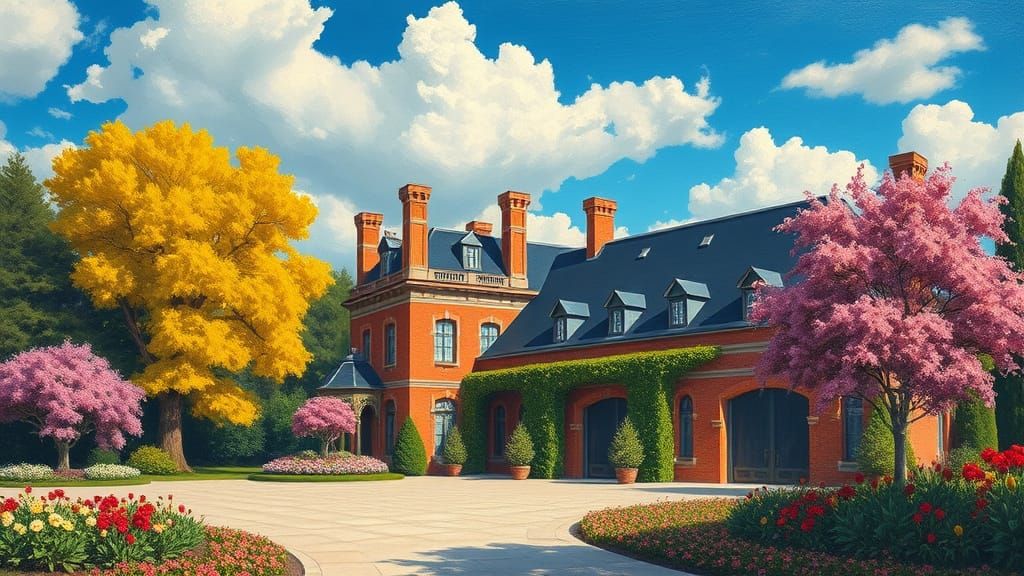Elegant Chateau Amidst Vibrant Trees and Flowers