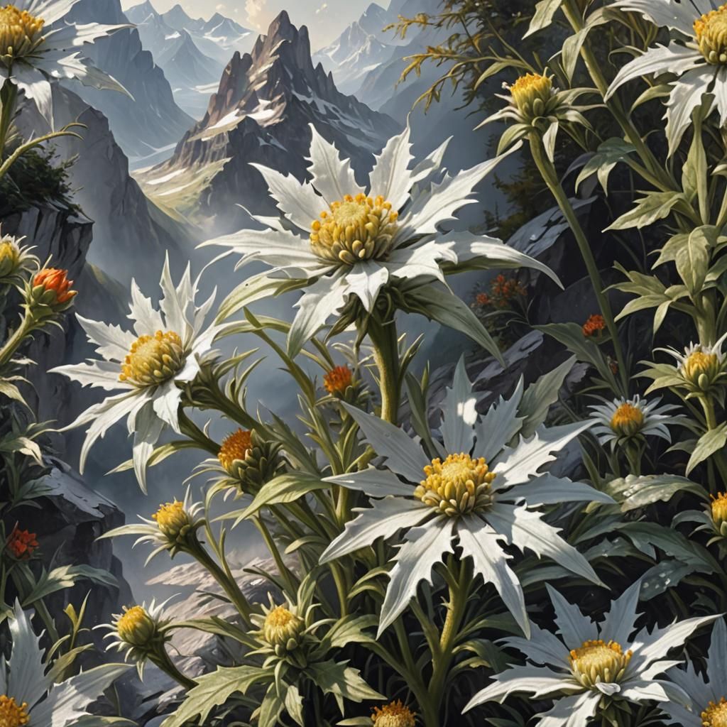 Edelweiss in Swiss Mountains: Oil Painting