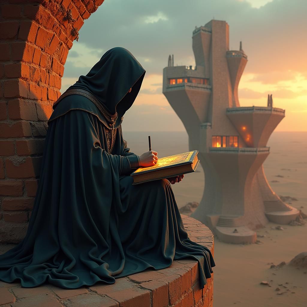 Mystical Scribe in Desert City, Fantasy Concept Art