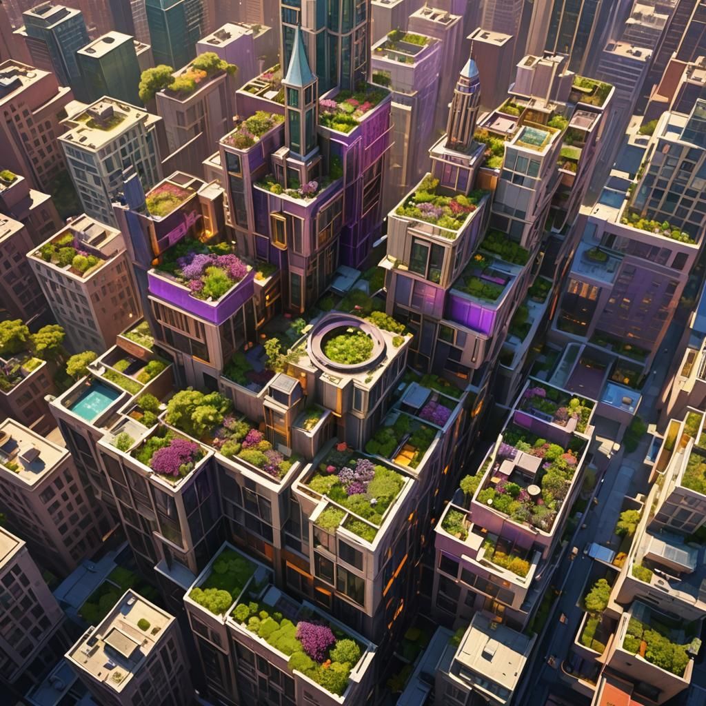 Lush Rooftop Gardens in a Vibrant Fantasy Cityscape