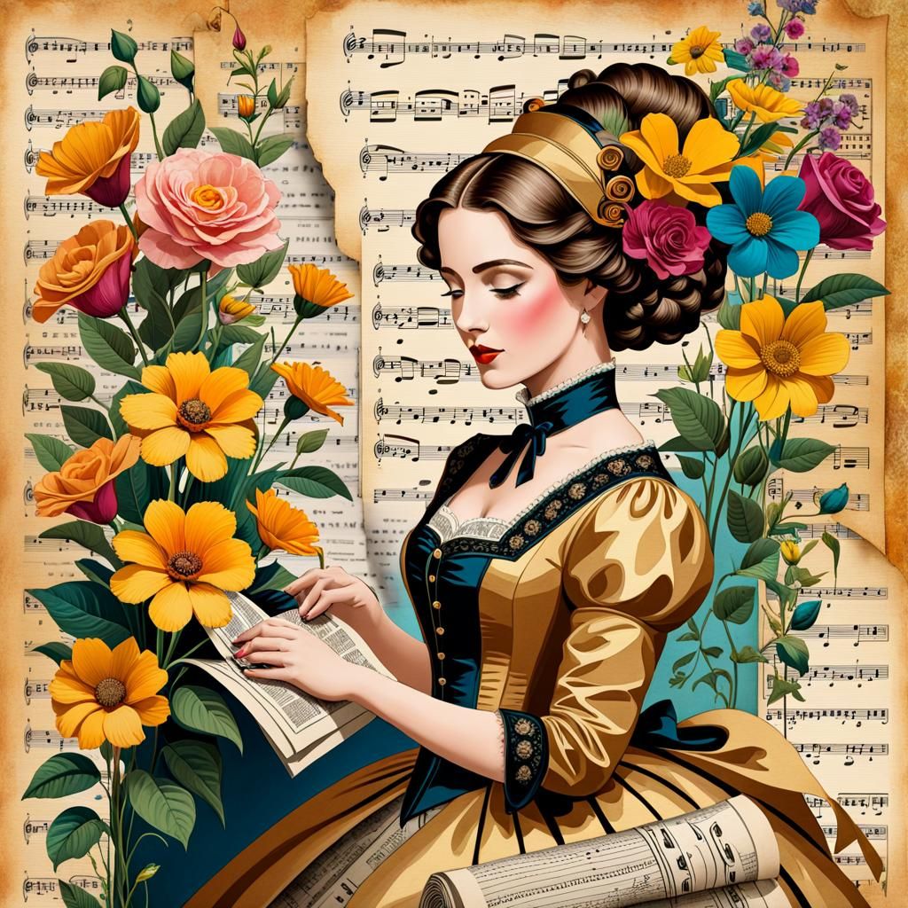 Whimsical Victorian Woman and Flowers Collage