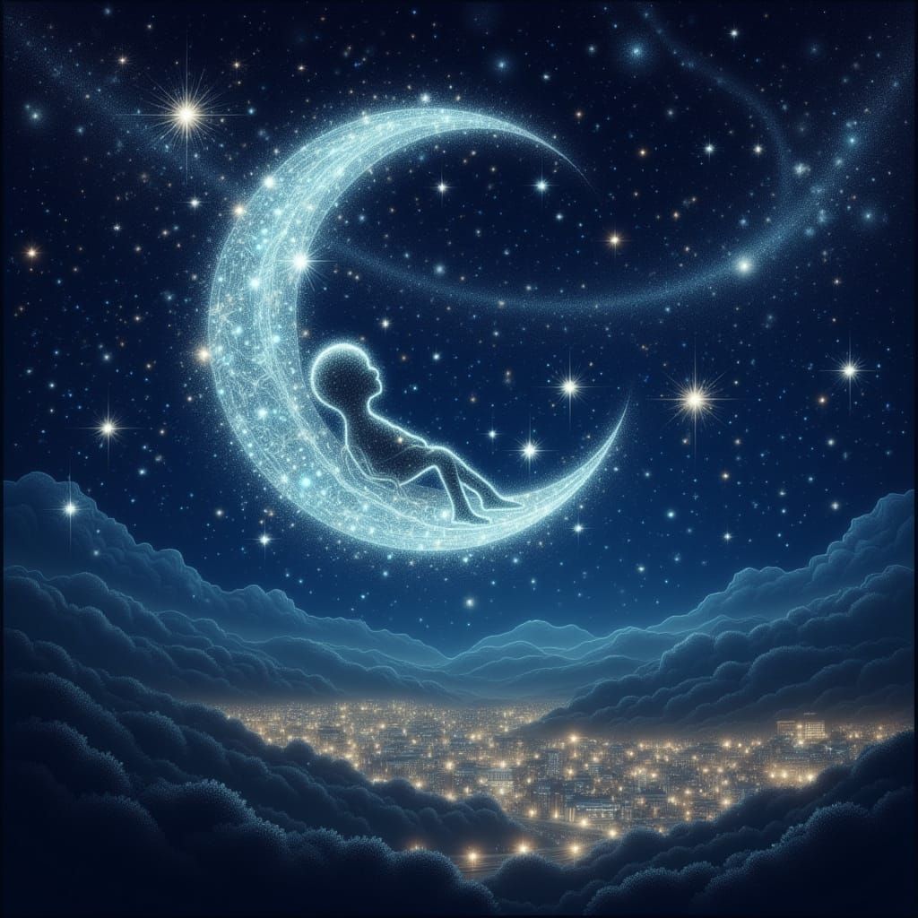 Magical Night Sky with Creature on Moon