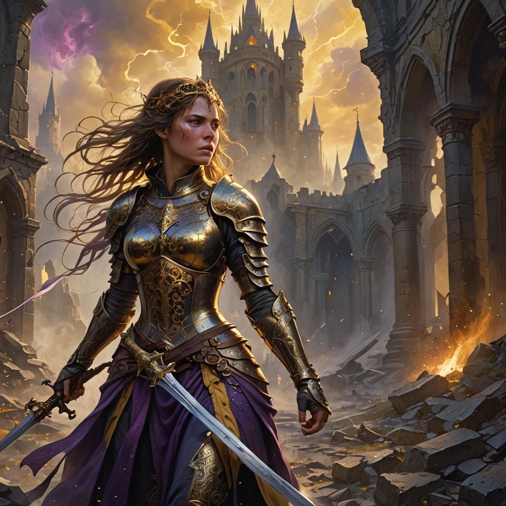 Fantasy Warrior in Mystical Landscape, Art Nouveau Style