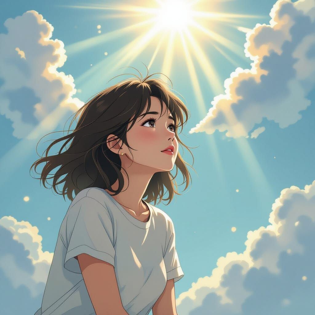 Young Woman in Heavenly Sunshine and Clouds