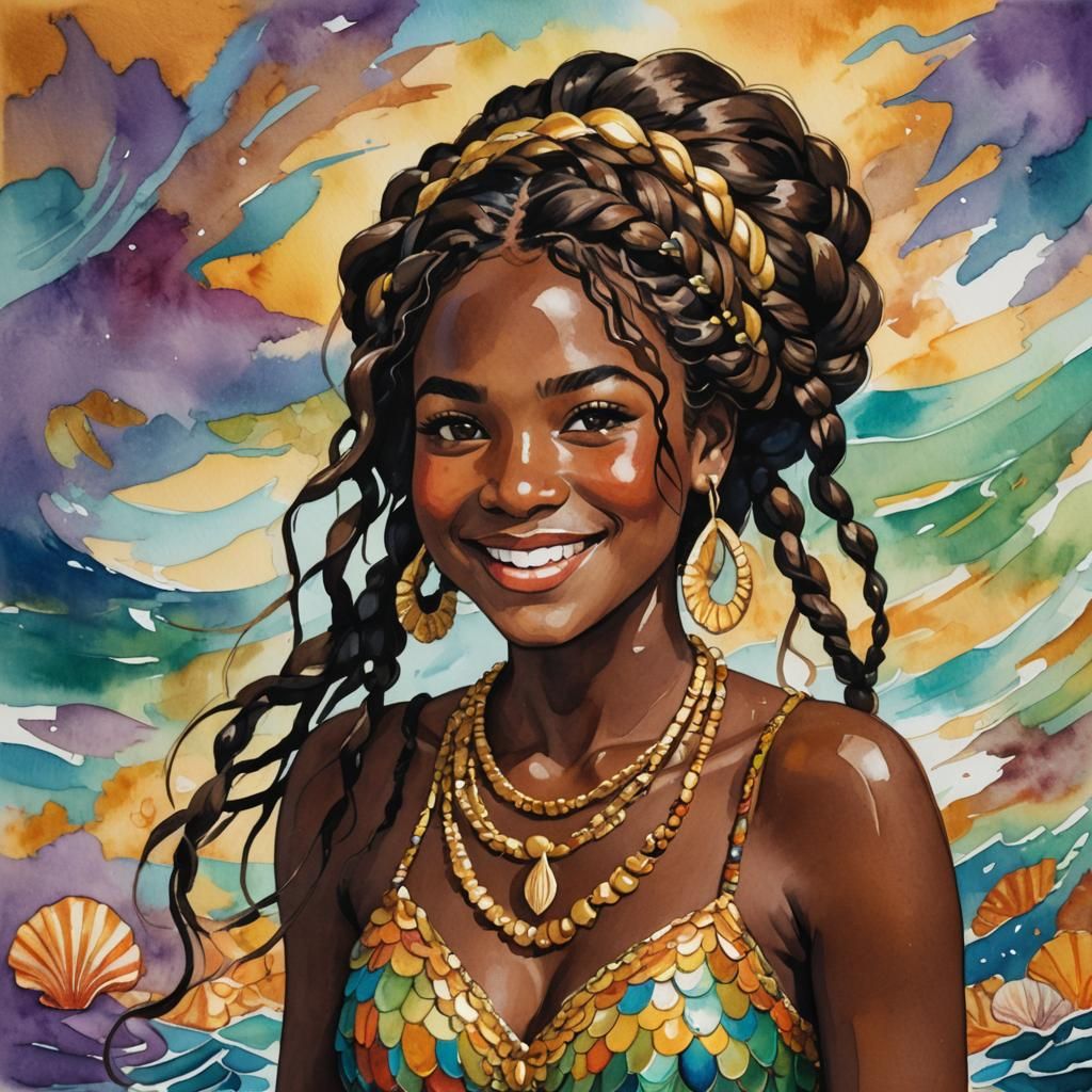 Golden-Eyed Girl with Braids in Gouache Style