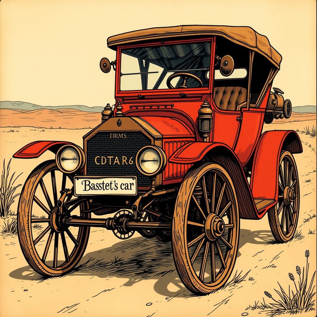 Victorian Automobile with Large Front Wheels in Sepia Tones