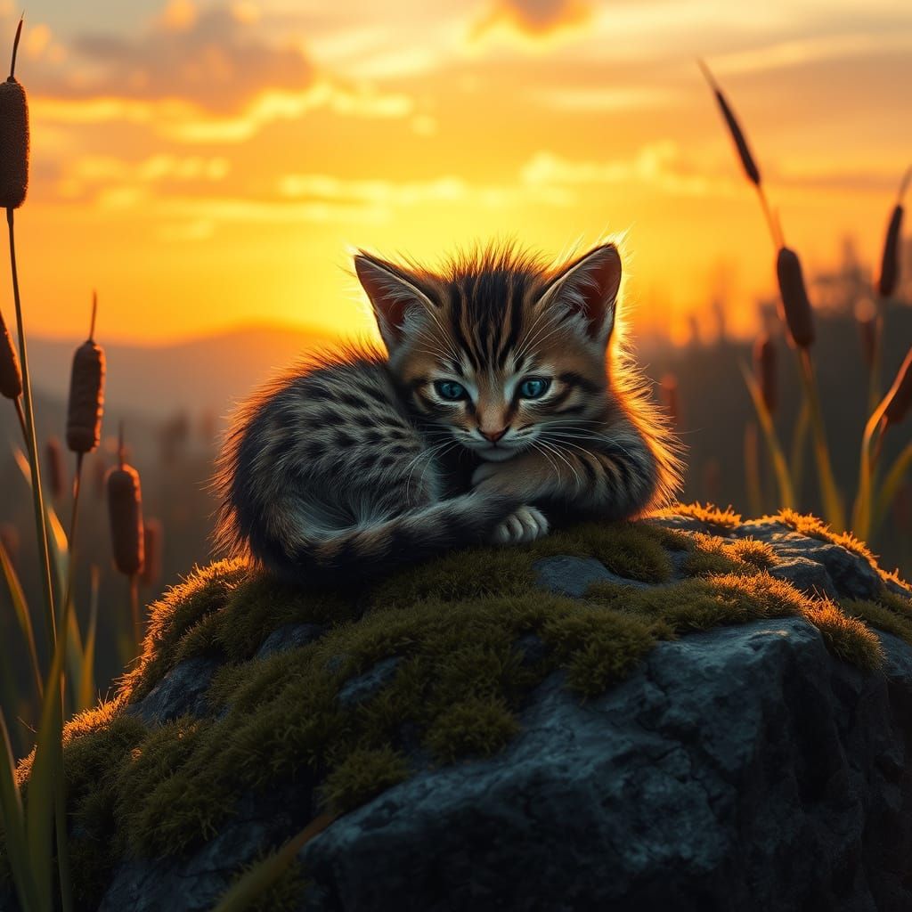 Golden Sunset Kitten in Cattail Marsh, Detailed Matte Painti...