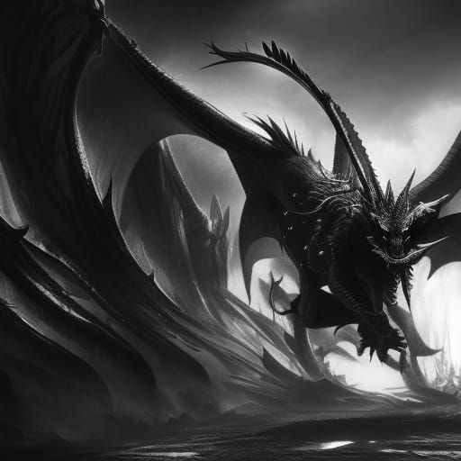 Detailed Black and White Dragon Concept Art