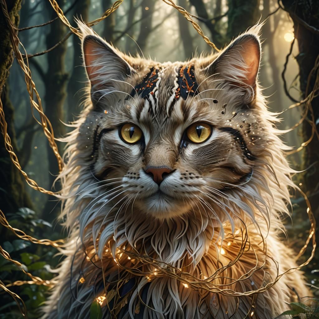 Mystical String Cat in Ethereal Forest