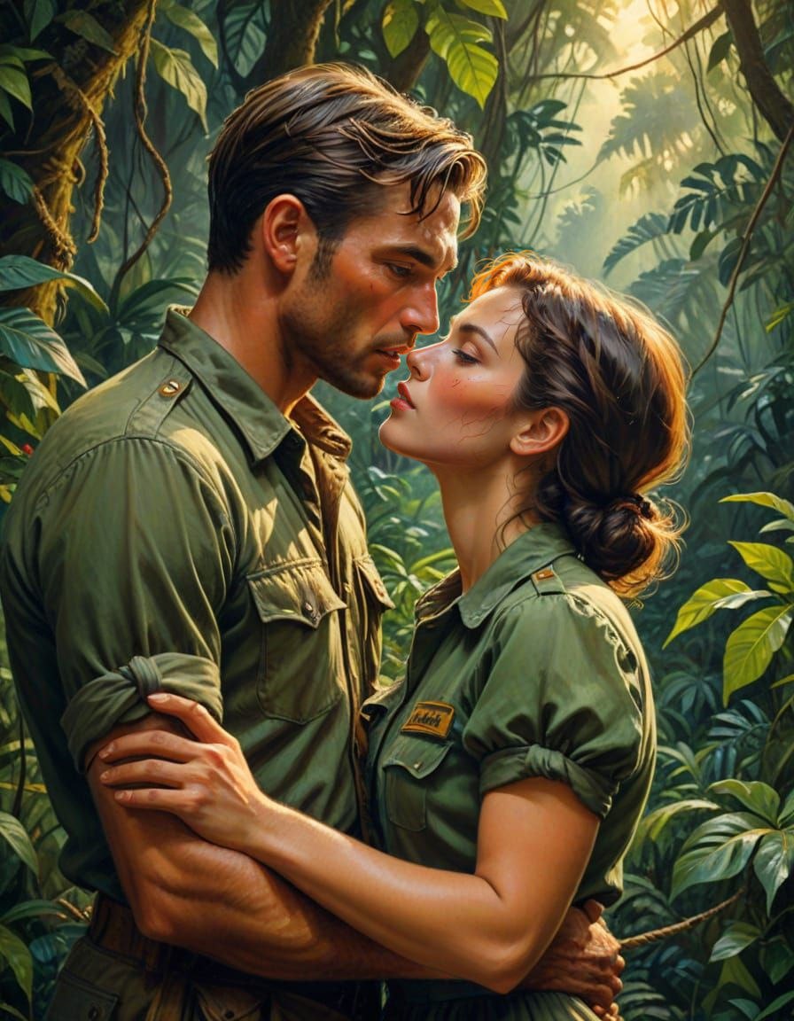 Jungle Explorers Share a Kiss: Expressionistic Oil Painting