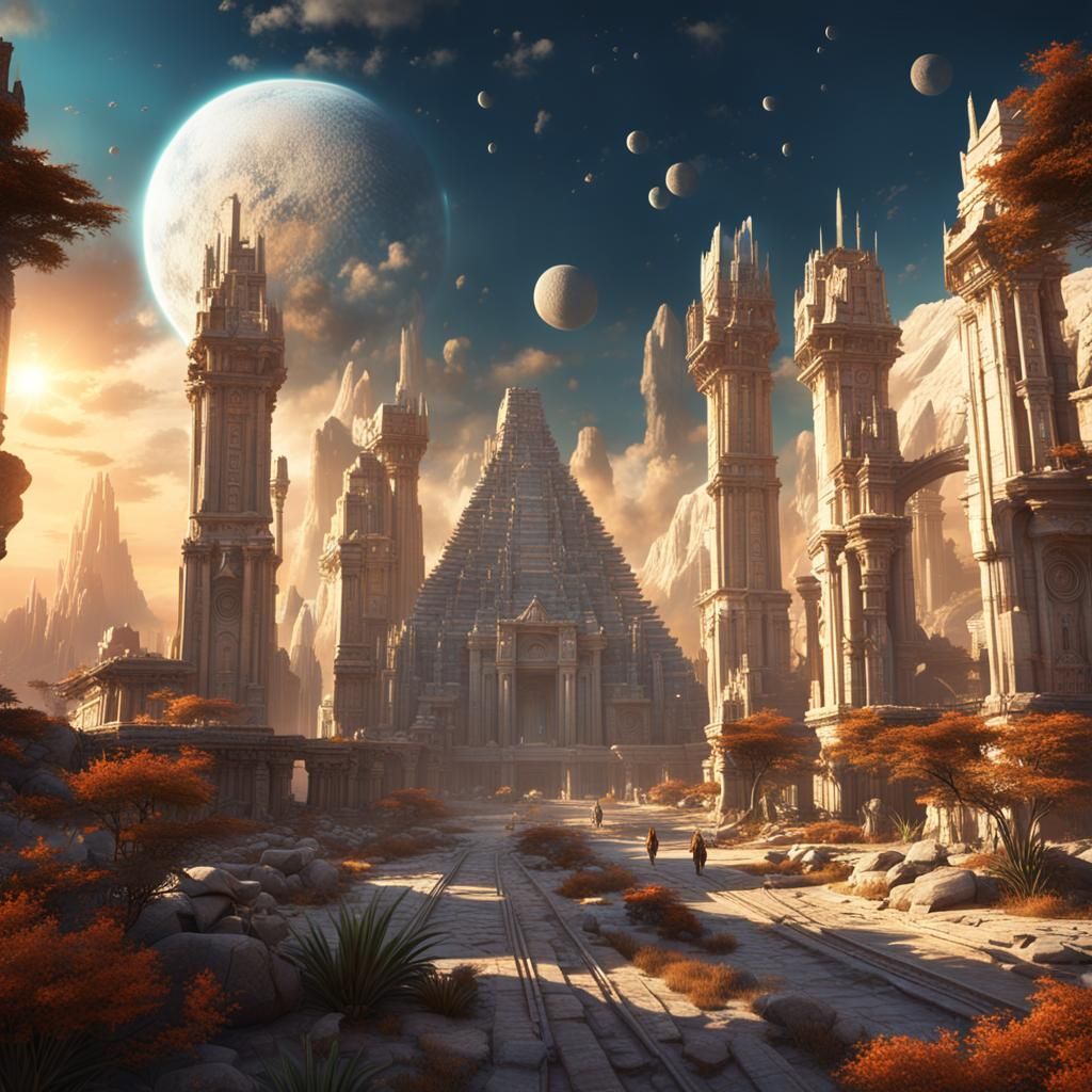 Futuristic Atlantis: Temples and Limestone Pyramids in Fanta...