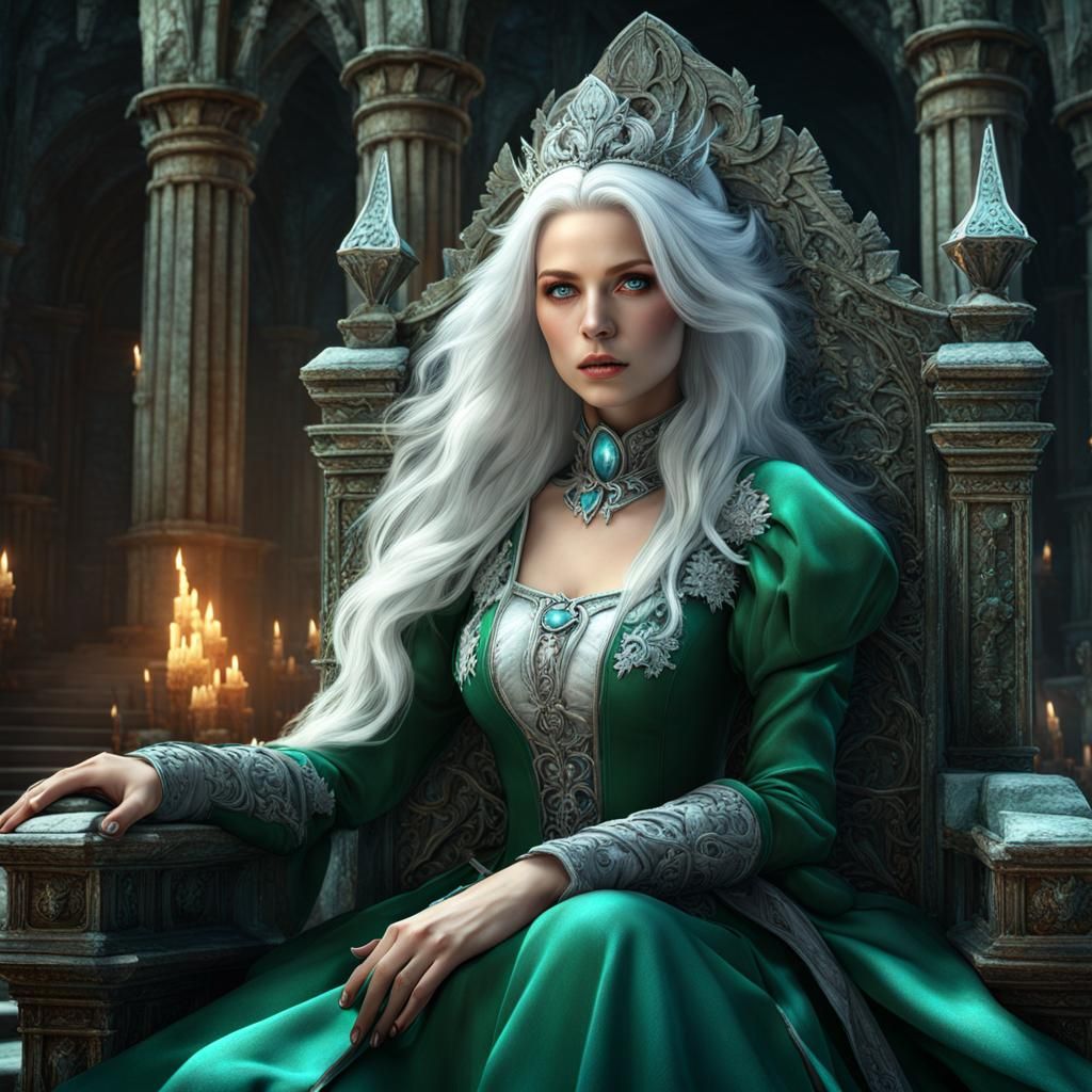 Icy Queen on Stone Throne in Ancient Castle