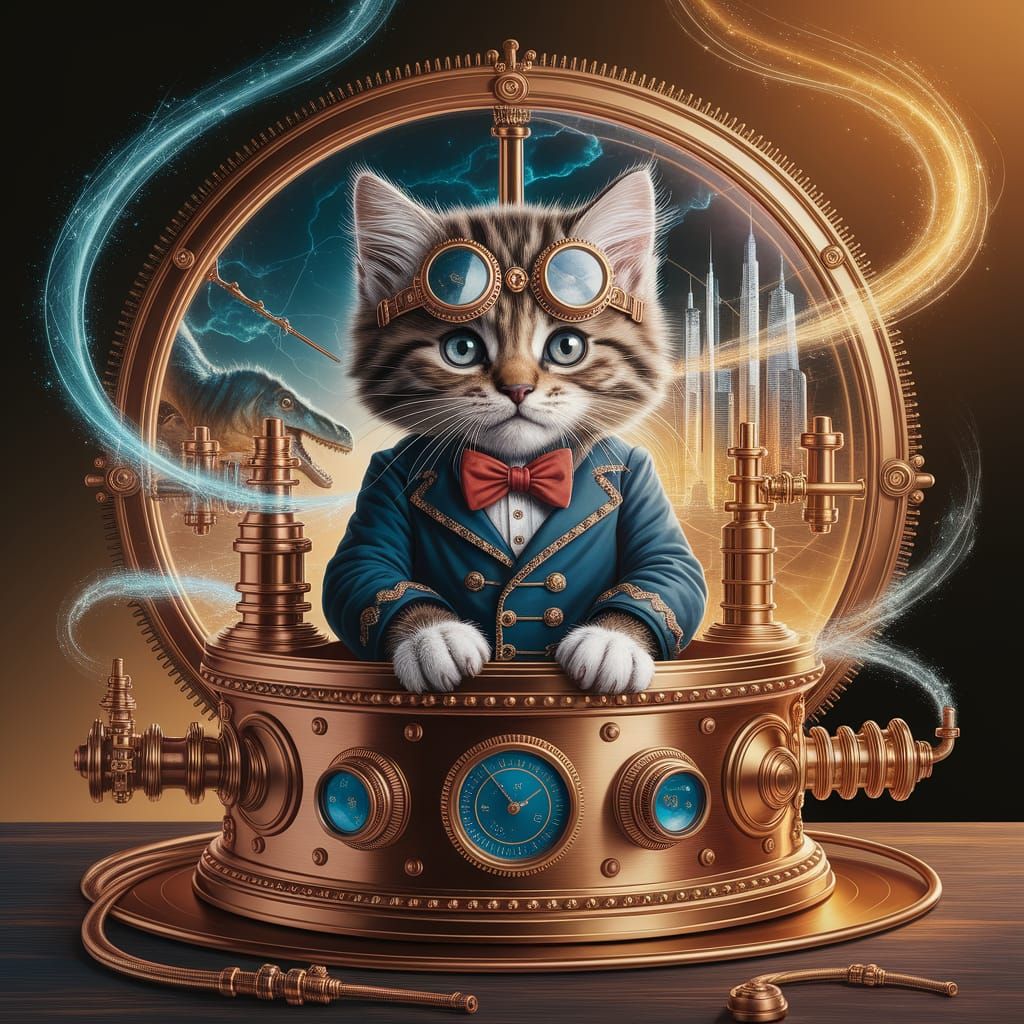 Steampunk Kitten Scientist in Time Machine