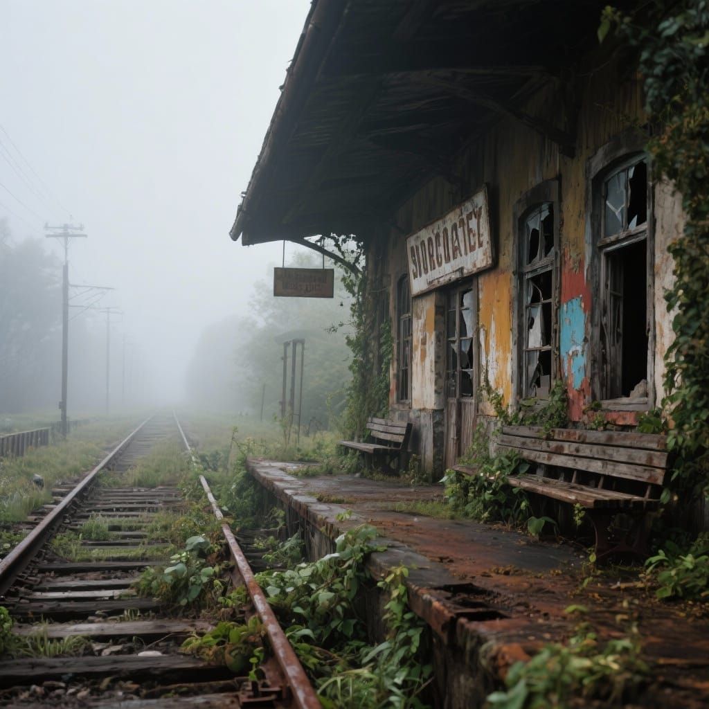 Abandoned Train Station with Overgrown Plants