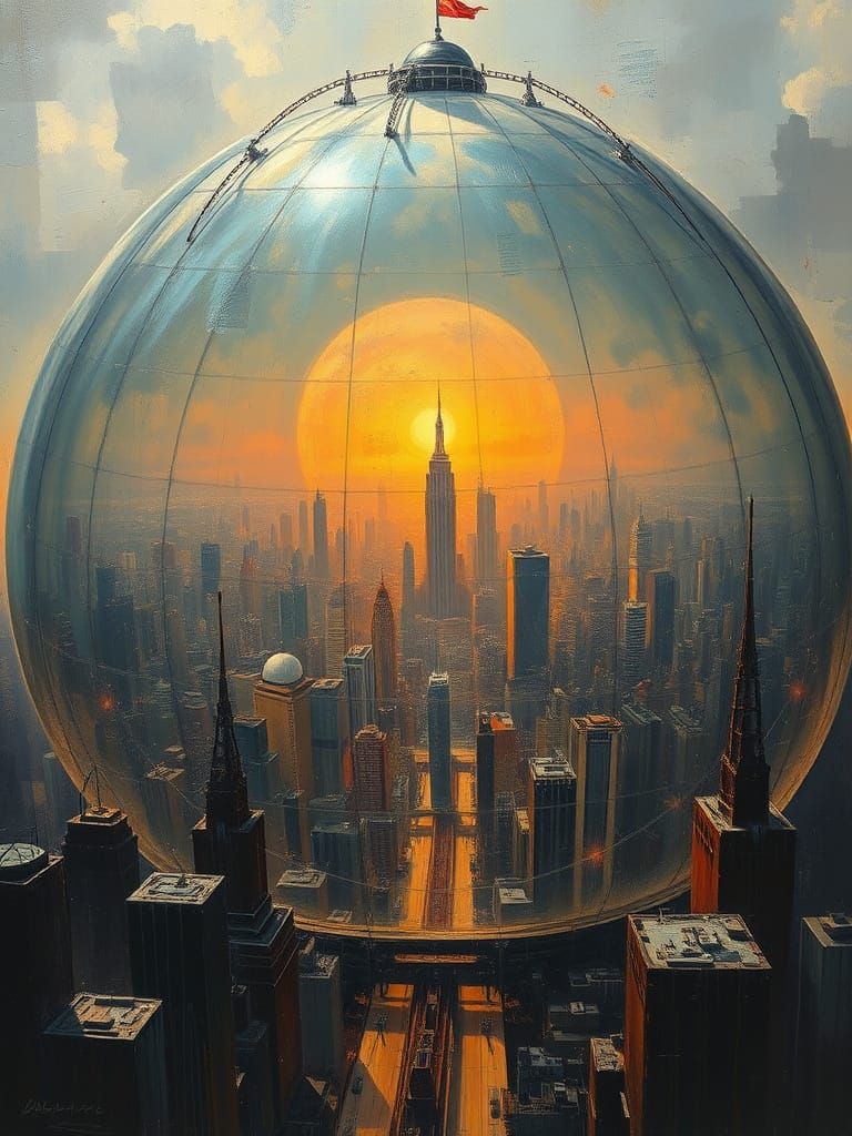 Gleaming Glass Dome Encases Futuristic Metal Cityscape in Oi...
