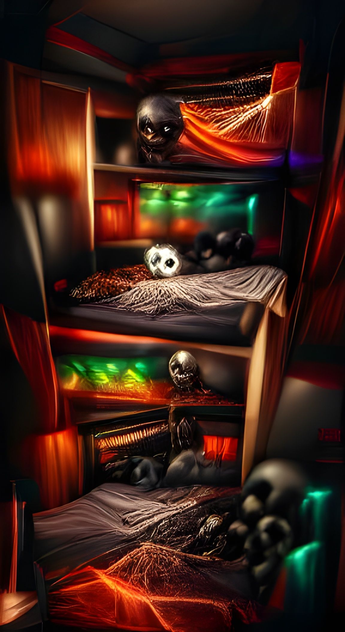 Spooky Bedroom Scene with Skeleton and Glowing Eyes