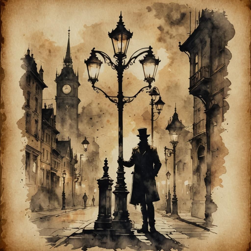 Steampunk Magician Silhouette in Ink Painting Style