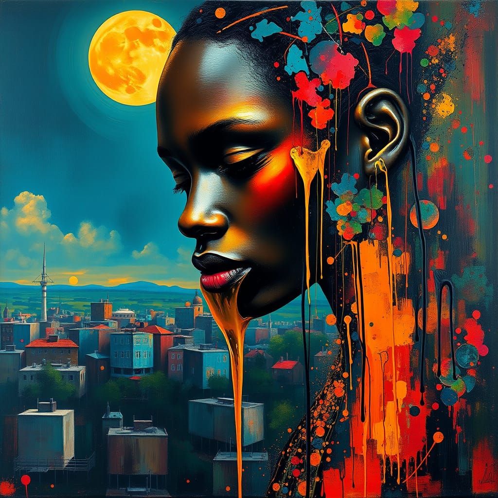 African Model Face Dripping Honey in Whimsical Abstract City
