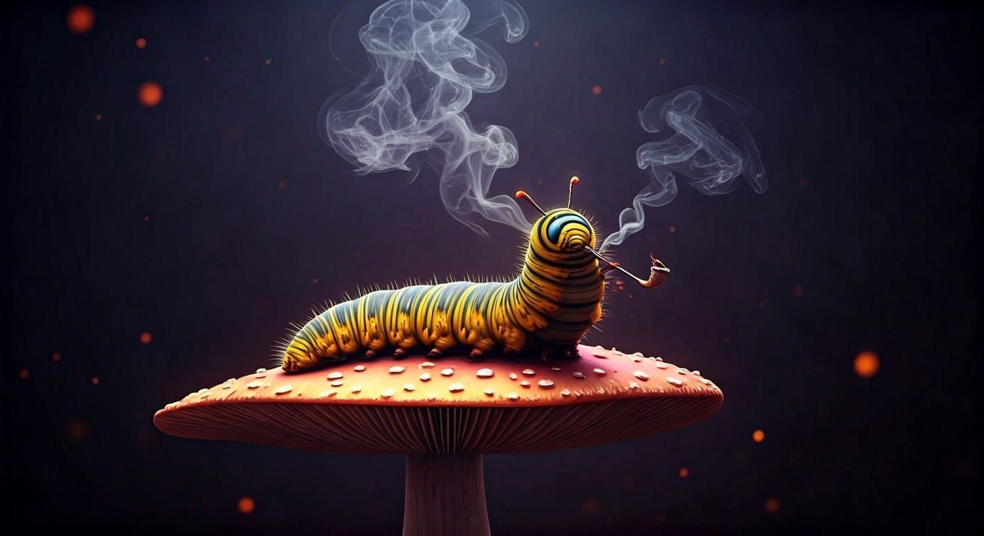 Hookah-Smoking Caterpillar in Wonderland: Dark Fantasy Art