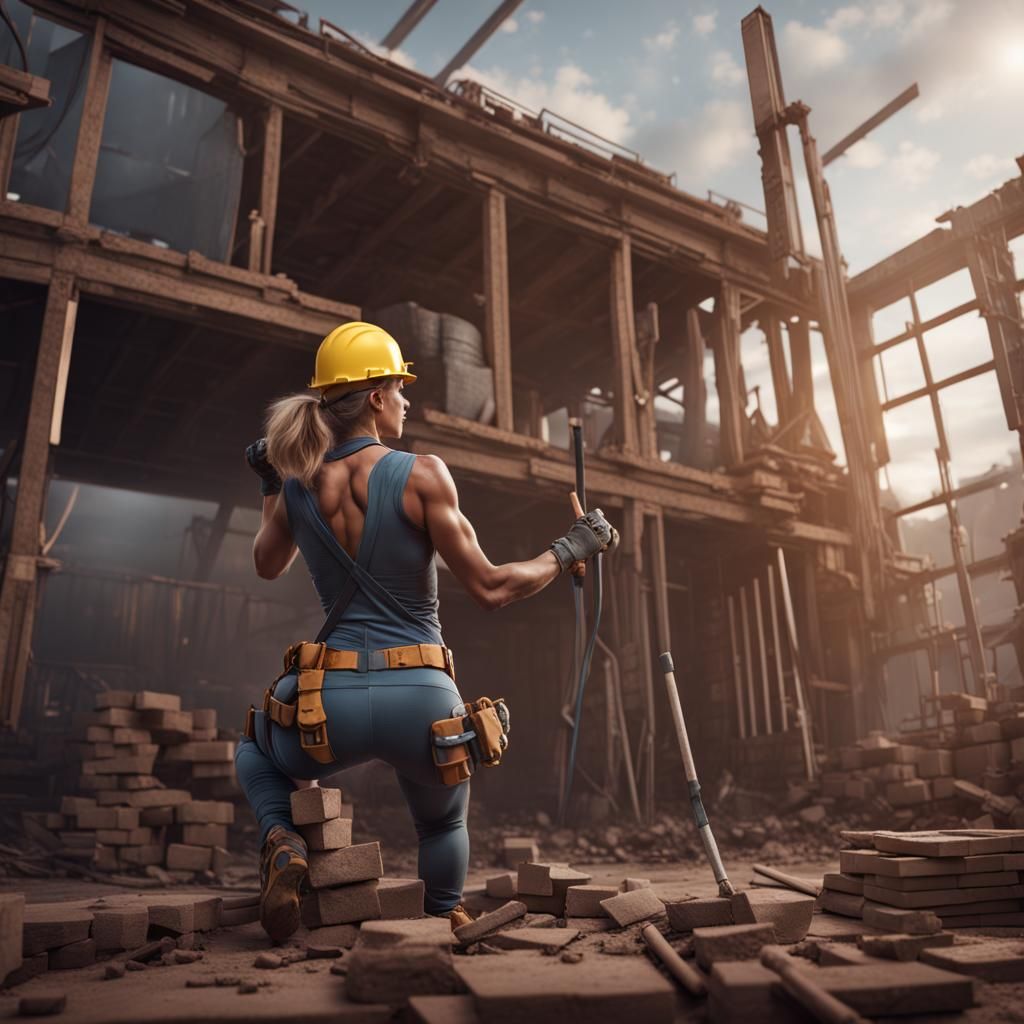 Muscular Woman Building a House: Detailed Matte Painting