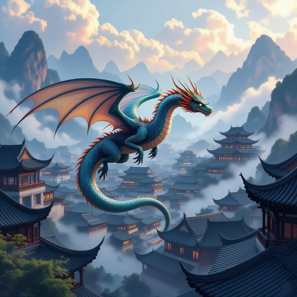 Iridescent Dragon Over Ancient Chinese Cityscape