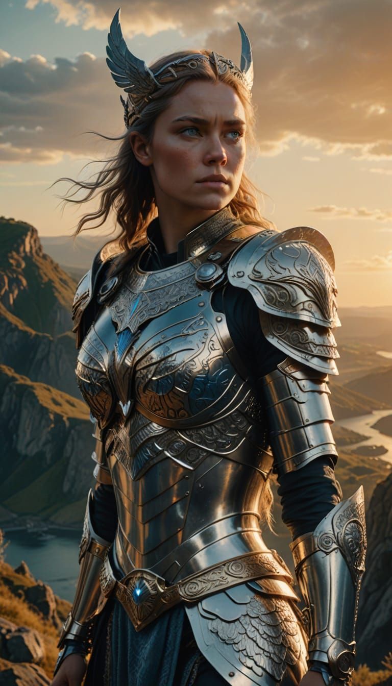 Valkyrie on Windswept Cliff: Hyper-Realistic Digital Art