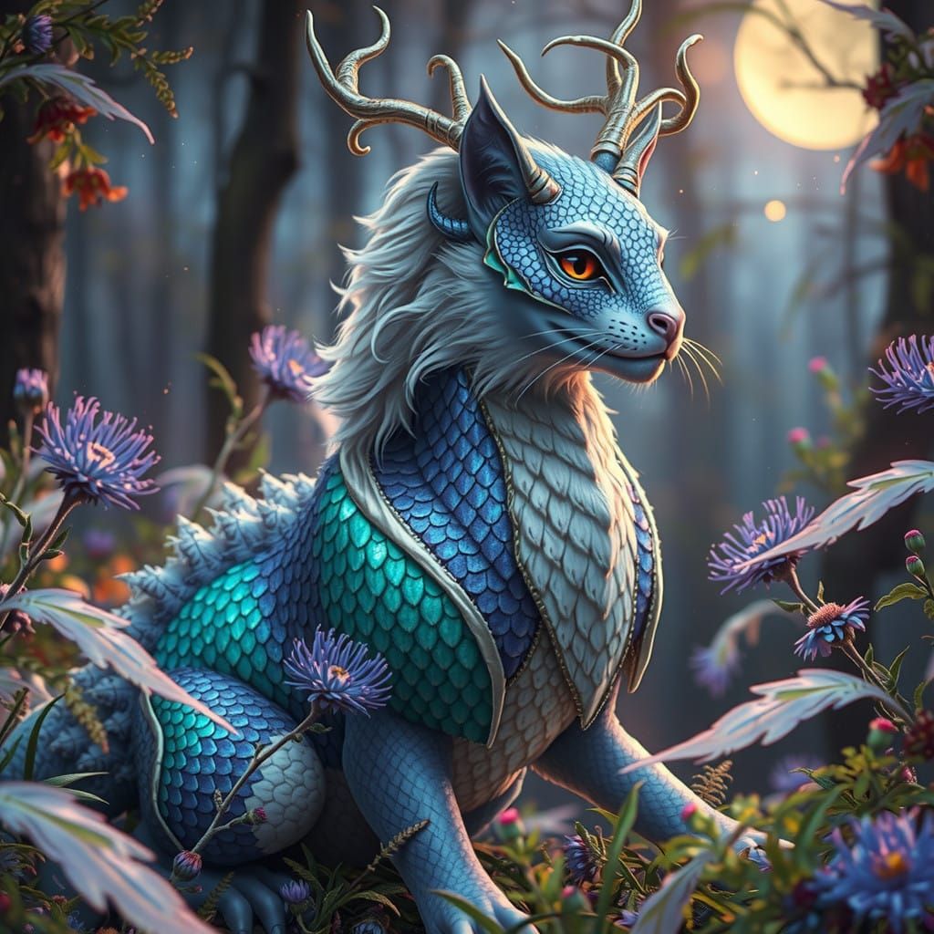 Dragon-Cat Amidst Winter Aster Field in Ethereal Glow