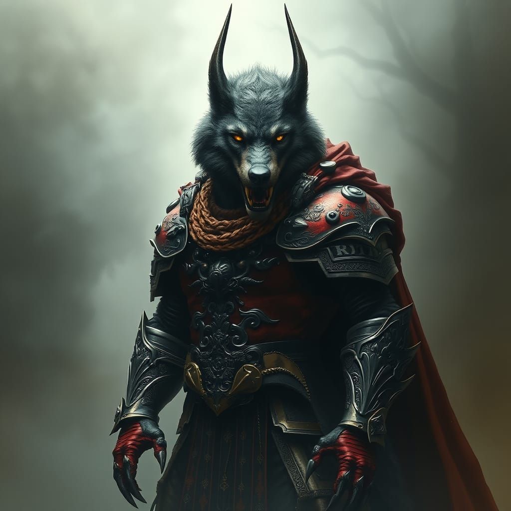 Armored Werewolf in Fog, Gothic Fantasy Illustration