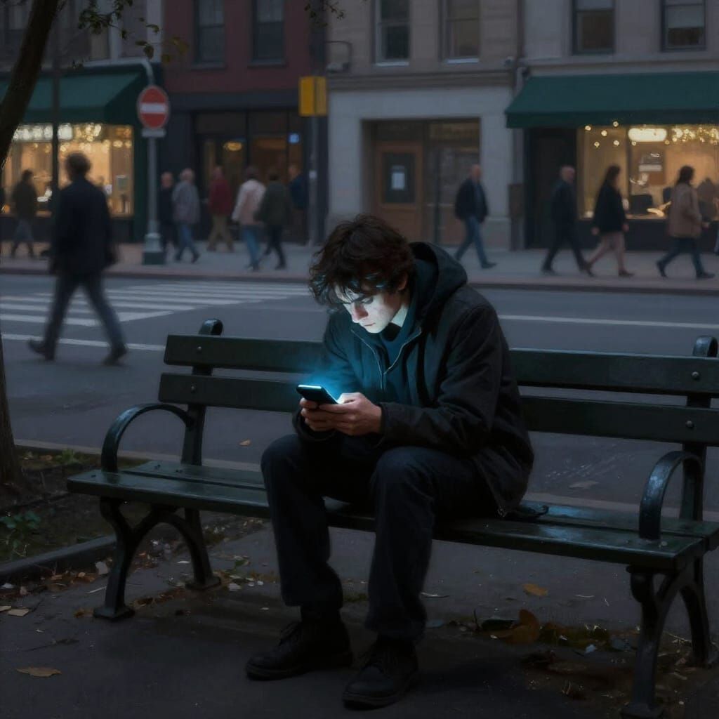 Figure Lost in Phone Light on City Bench
