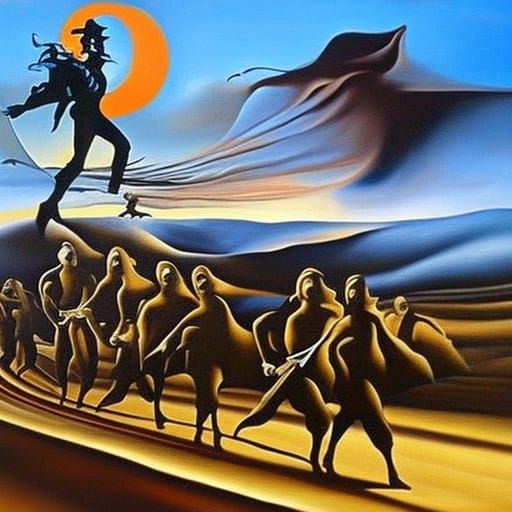 Surreal Cavalier Rides Traffic: Dali-esque Oil Painting