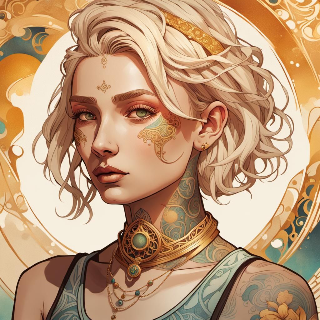 Art Nouveau Tattooed Woman Portrait in Artgerm Style