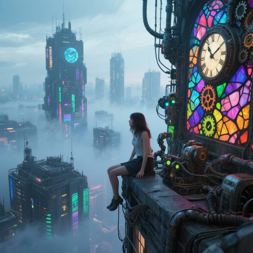 Sci-Fi Stained Glass City Overlooked by Woman