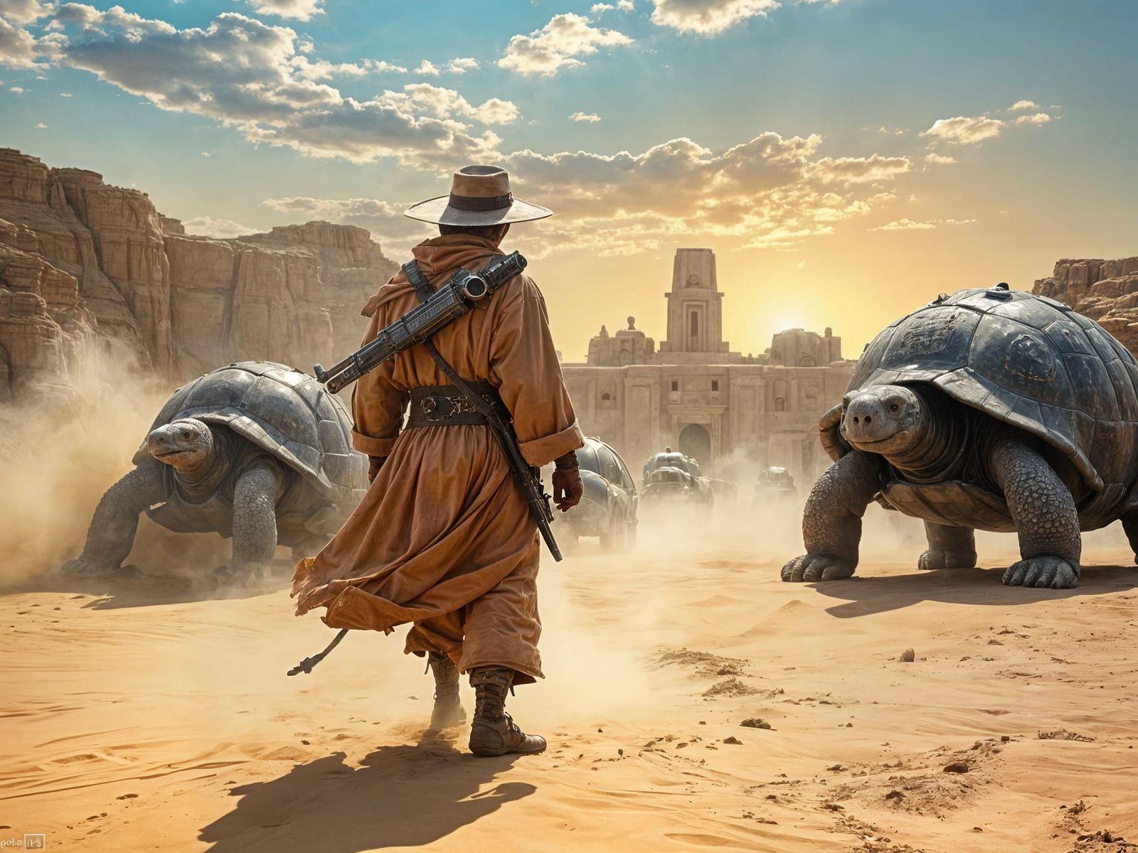 Vintage Polaroid Desert Wanderer with Sci-Fi Rifle